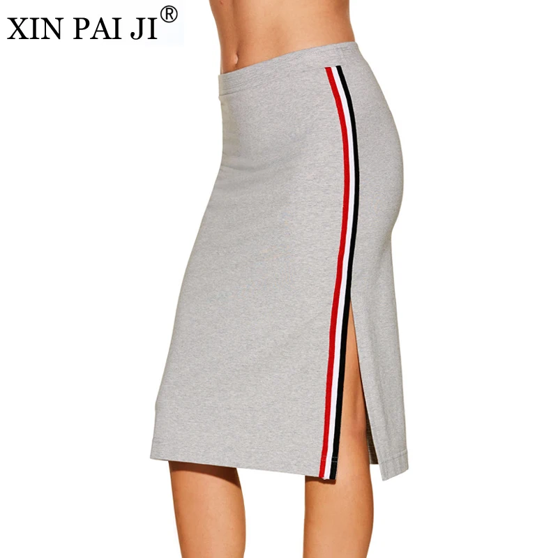 

2018 Summer Skirts Tricolor Stripes Patchwork Casual Skirt Women Gray Split Knee-Lenght Bodycon Skirt