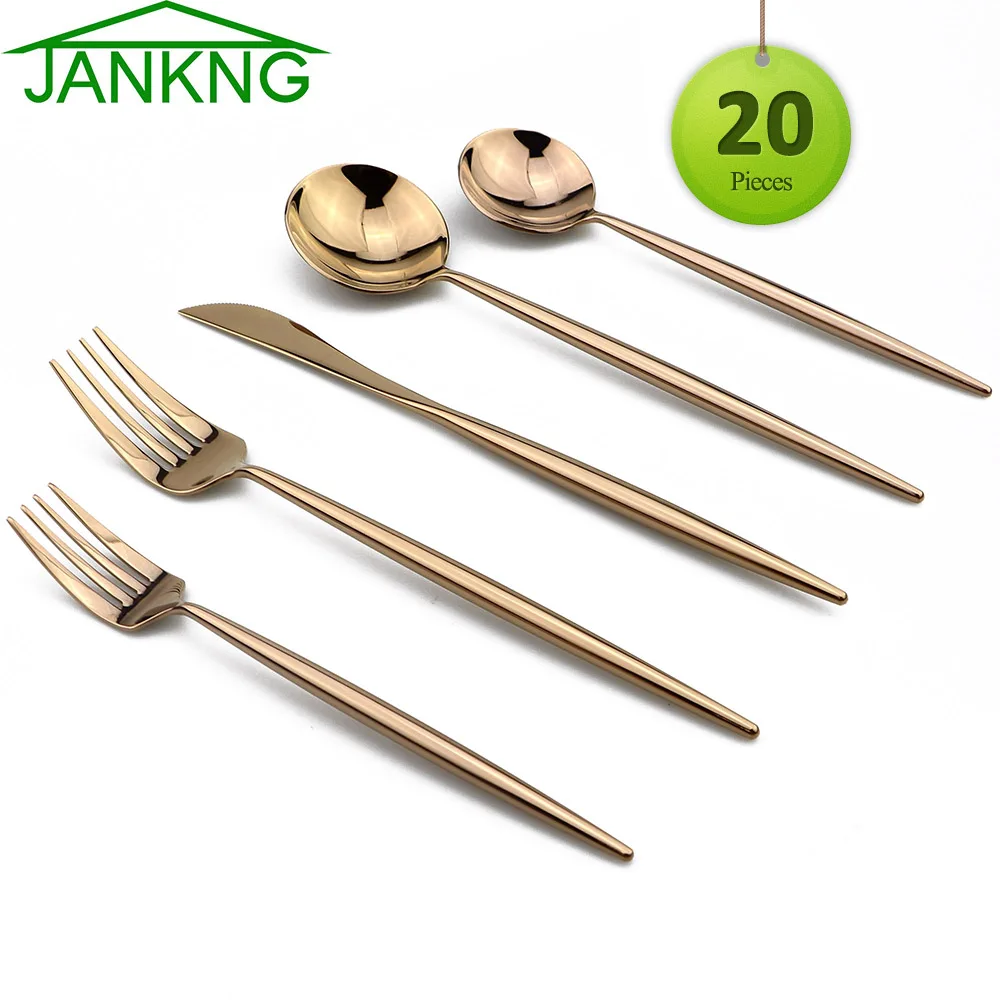 

JANKNG 20-Piece 304 Stainless Steel Dinnerware Set Service for 4 Black Gold Rose Silver Cutlery Knife Fork Teaspoon Tableware