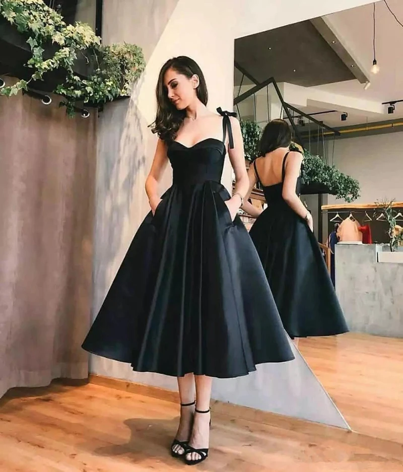 Verngo Сатиновые элегантные платья для выпускного вечера длиной до середины икры Простые Вечерние платья винтажное черное платье для выпускного вечера Vestidos De Fiesta De Noche