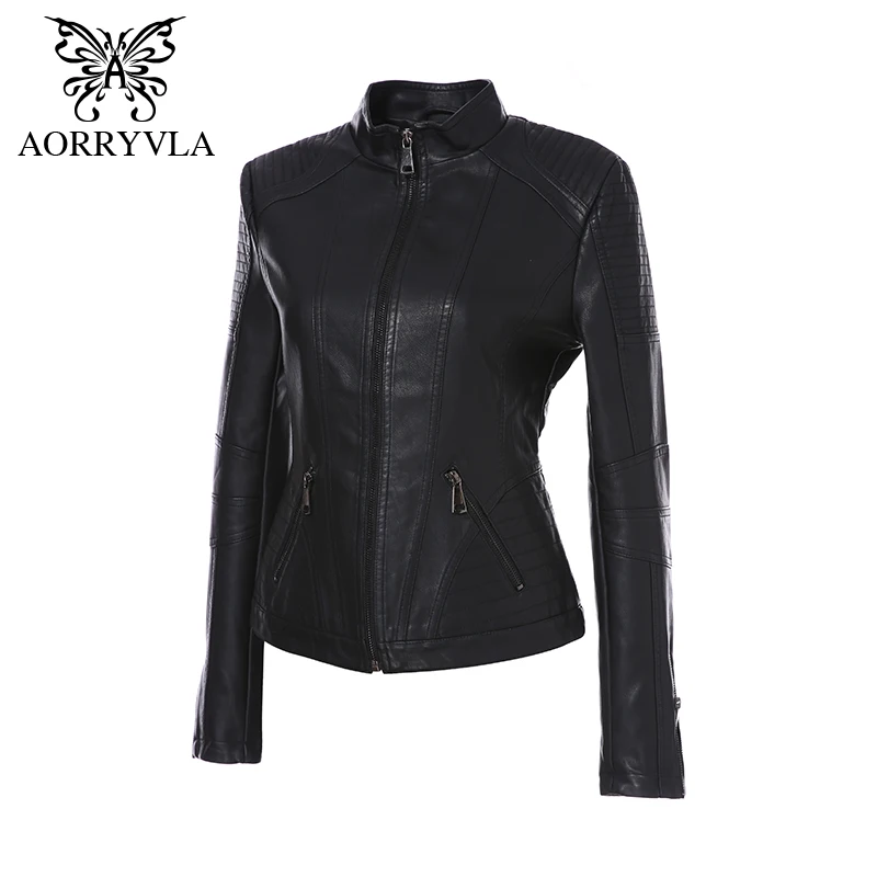 AORRYVLA 2018 New Autumn Leather Jacket Women Black Color Mandarin Collar Zippers Short Female Faux Leather Jackets High Quality