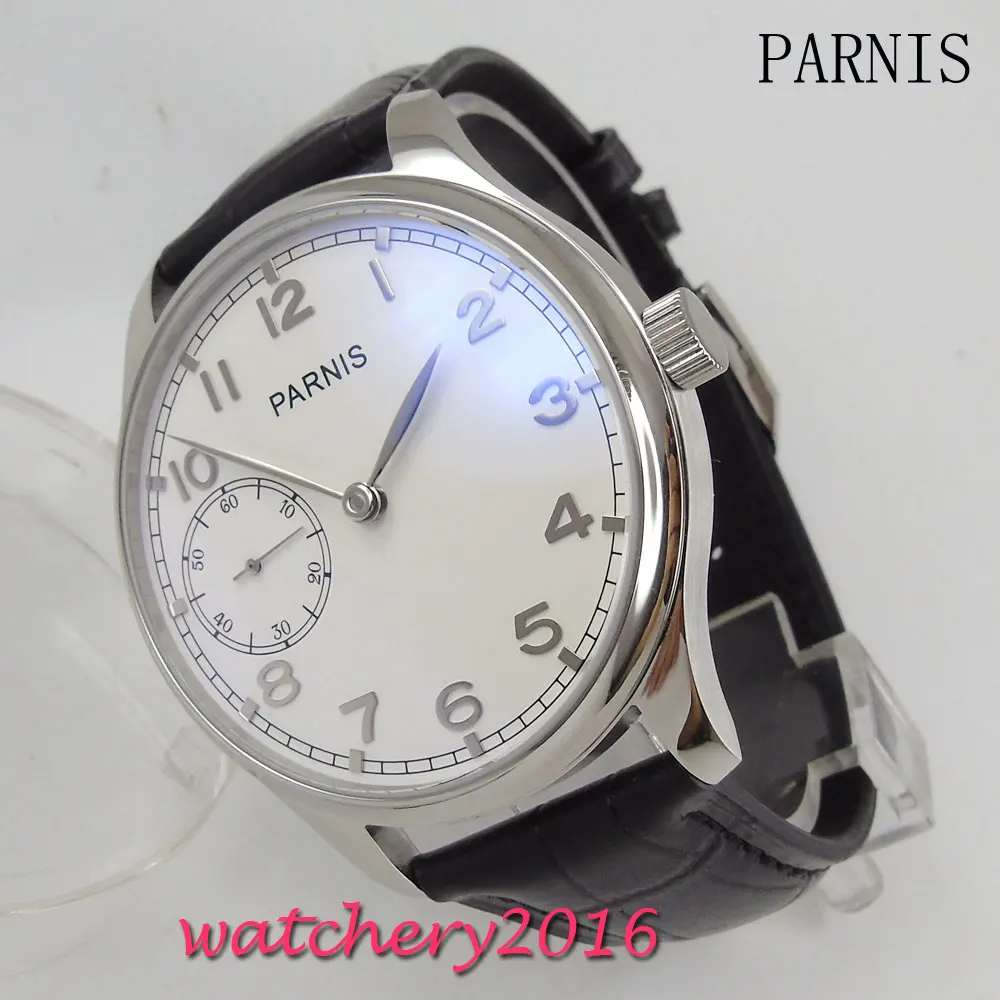 

New 44mm Parnis white dial black Leather Strap stainless staal case polished 17 jewels hand winding 6497 movement Men's Watch