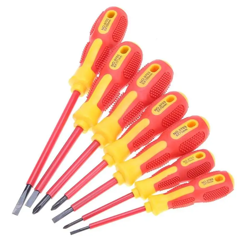 

Insulated 7pcs Screwdriver Set Withstand Voltage 1000V Precision Magnetic Cross Slotted for Electrician Hand Tools with Bag