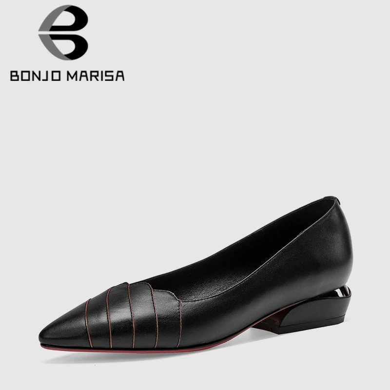 

BONJOMARISA 2019 New Elegant Women Low Heels Pumps Summer Genuine Leather Large Size 34-42 Shallow Office Lady Shoes Woman