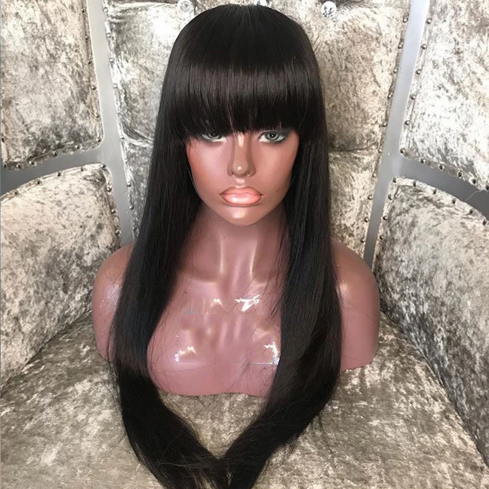 

SimBeauty Long Straight Lace Front Human Hair Wigs With Bangs Peruvian Remy Hair Pre Plucked Glueless Lace Wig Natural Hairline