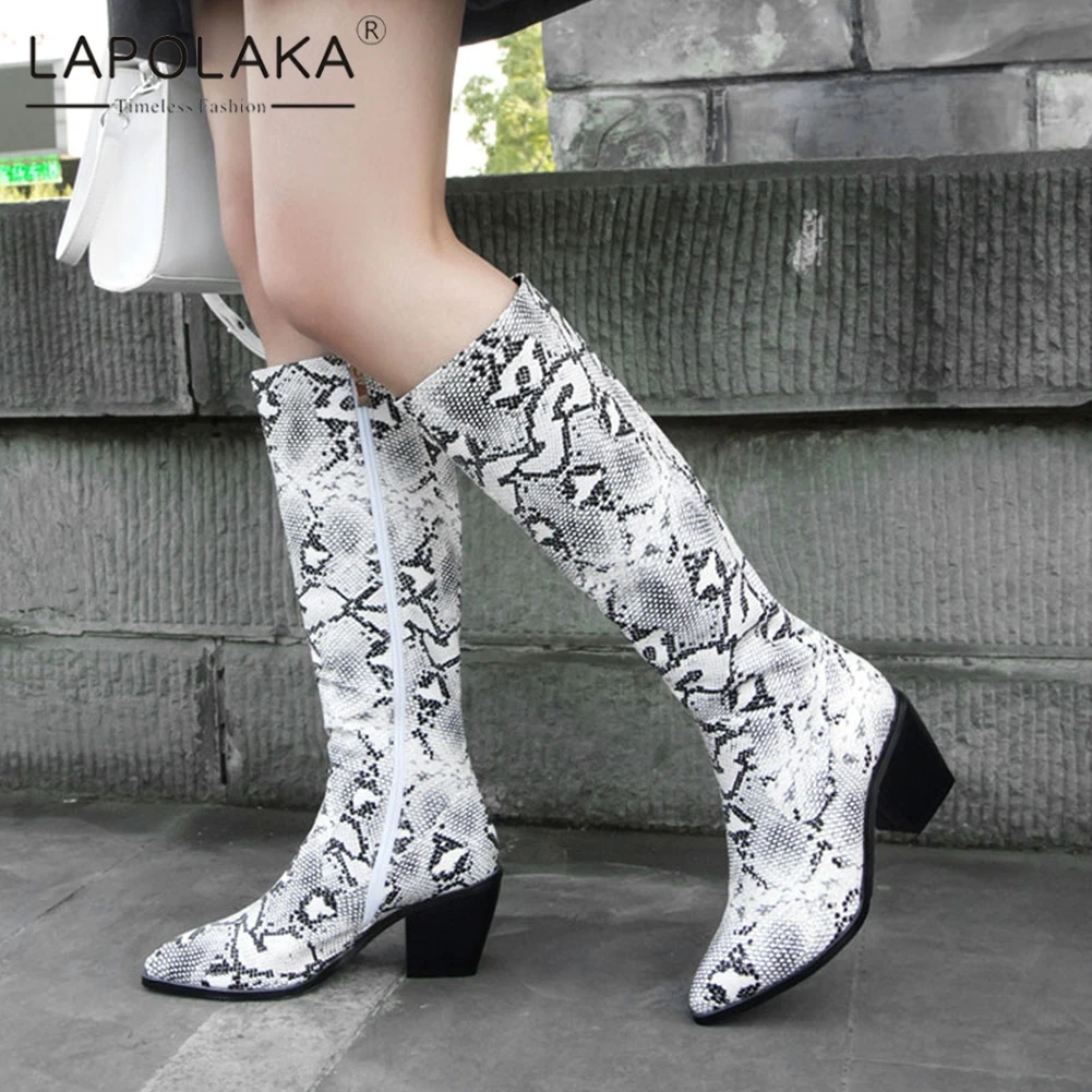 

Lapolaka New Fashion Big Size 34-44 Snake Veins Ladies High Heels Pointed Toe Shoes Woman Casual Party Autumn Mid Calf Boots