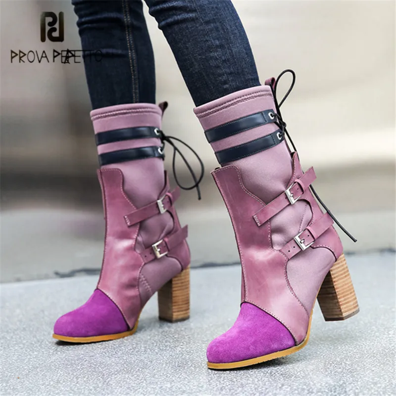 Comprar Prova Perfetto de Color mixto de las mujeres Botas de tejido elástico de corte Slim Botas Martin Botas mujer tacón alto grueso zapatos de mujer zapatos Botas mujer