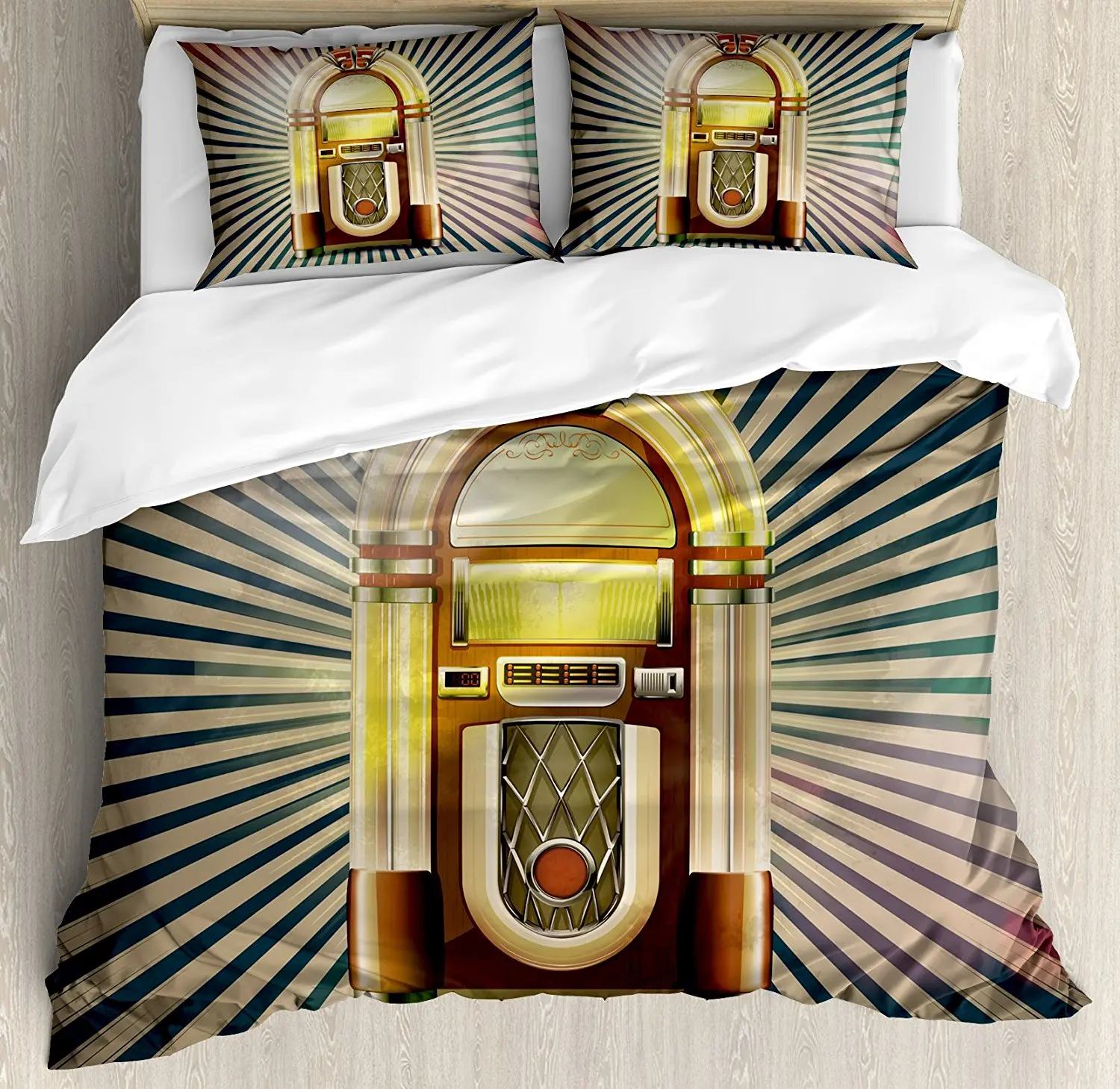 Jukebox Duvet Cover Set Retro Vintage 50s Pin Up Inspired Striped