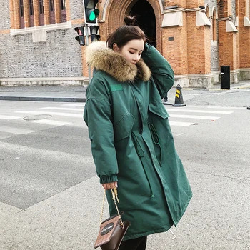 

Fashion Solid color Big fur collar Medium long Cotton Coat Female Korean 2020 Winter New Loose Thick Cotton Jacket Woman XY080