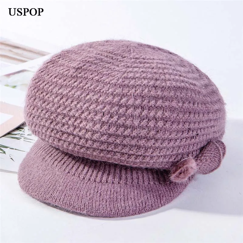 USPOP New winter caps women knit octagonal hat thick warm velvet lining knit hats solid color newsboy caps berets mom caps