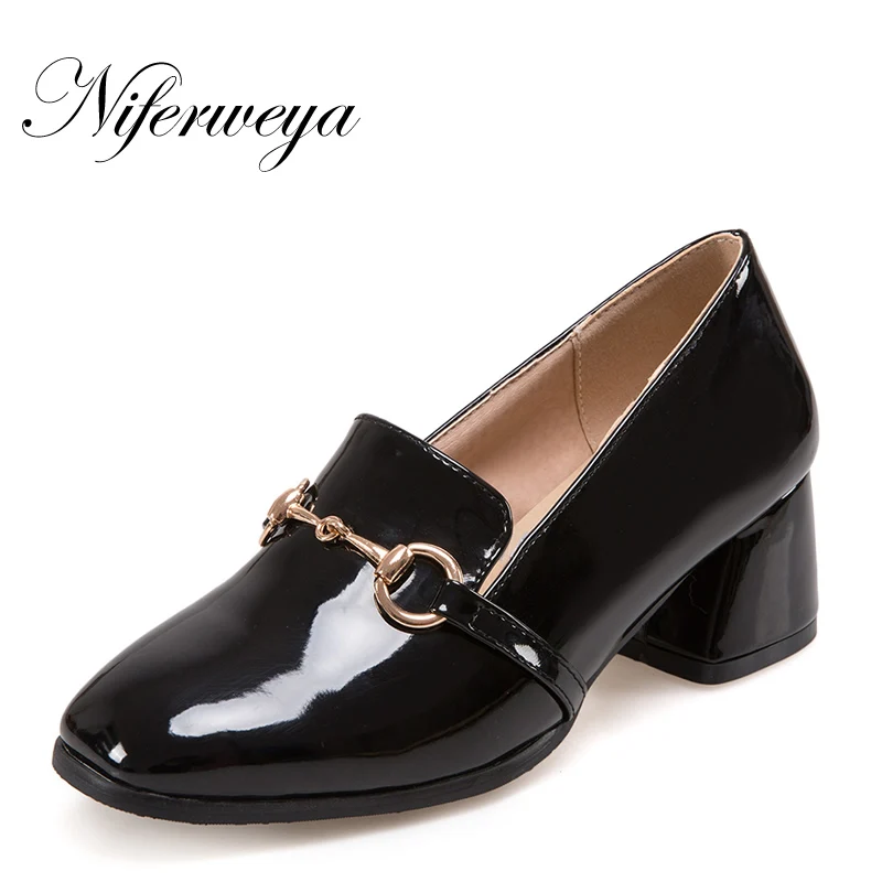 

Big size 32-47 Spring/Autumn women Square Toe pumps fashion solid PU Slip-On Retro thick heel Office & Career high heels P59