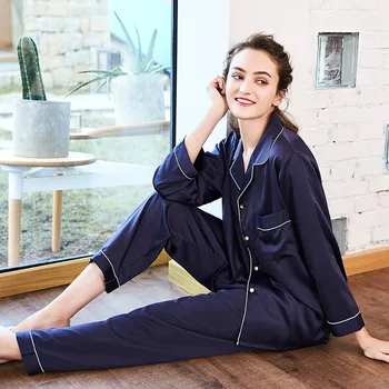 

Women Pajama Set Solid Long Sleeve Long Pants Sleepwear Set Turn-down Collar Plus Size Home Sleep Set