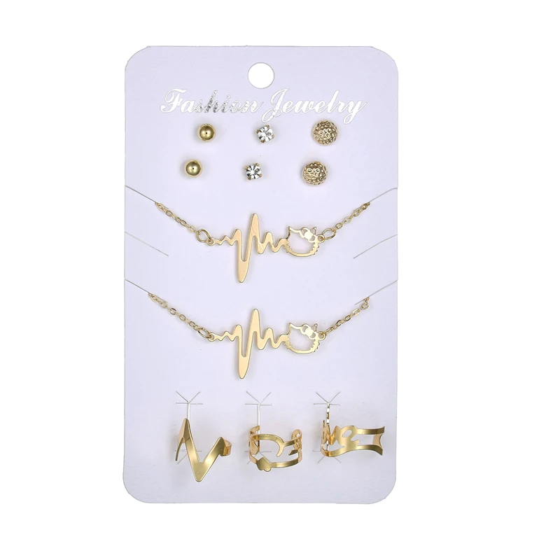 

MissCyCy 2017 New Gold Color ECG Necklae Ring Bracelet Rhinestone Earrings for Women Jewelry Sets Punk Style