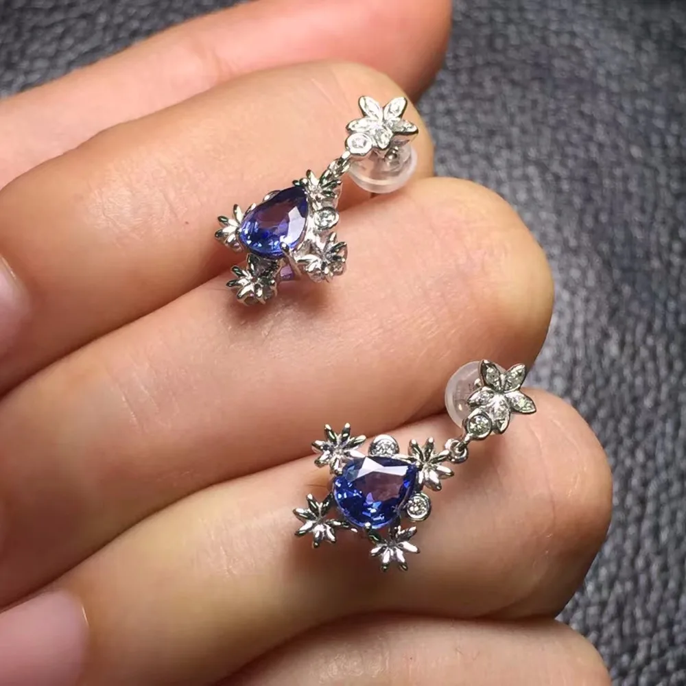 Fine Jewelry коллекция настоящее 18 К белого золота AU750 100% натуральный bluetootanite драгоценные камни Танзании происхождения серьги гвоздики для