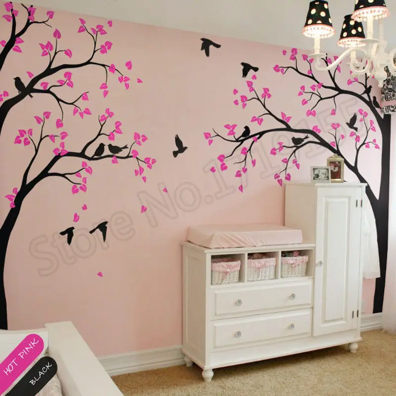  Cute Huge Tree With Falling Leaves And Birds Wall Sticker Kids Bedroom Sweet Decor Children Tree Pa - 32964070461