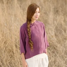 Новые осенние Женская одежда литературный хлопка льняная рубашка китайская Стиль косые Медь пряжки свободные Медь аммиака рубашка