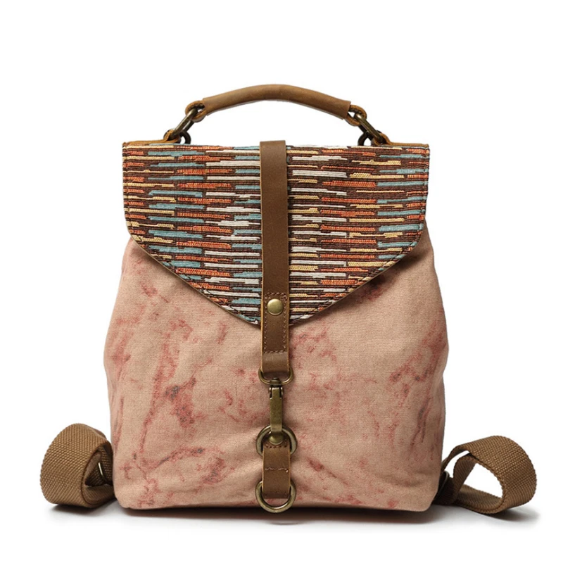 cheap Retro Girls Backpacks, Heavy Canvas cotton Bags Waterproof with Premium Cow Leather Large Capacity for Shopping, School,