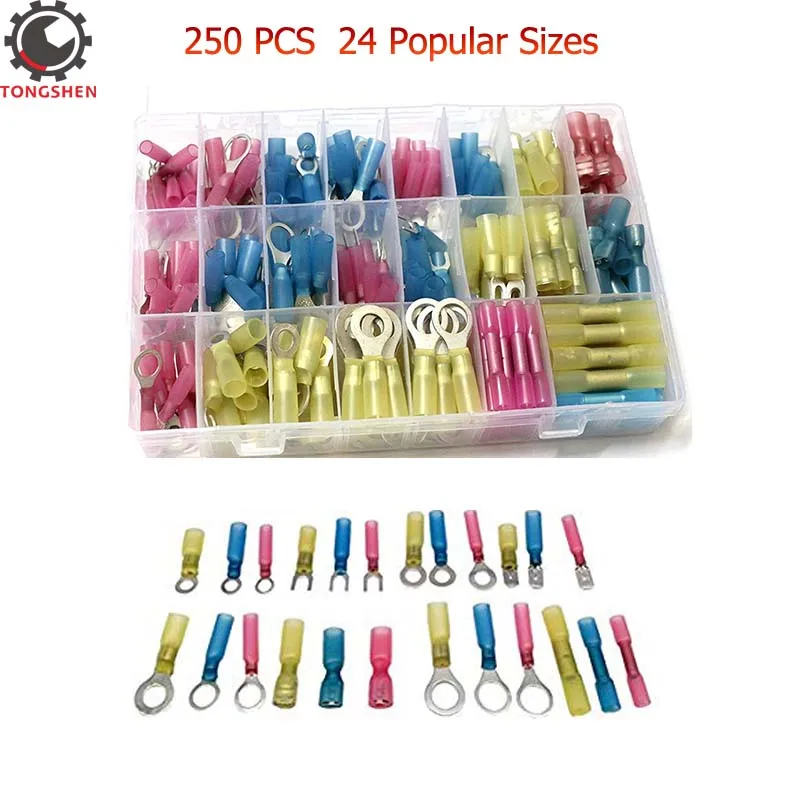 

250pcs Heat Shrink Wire Connectors Marine Electrical Terminals Kit Waterproof Automotive Ring Set with Case