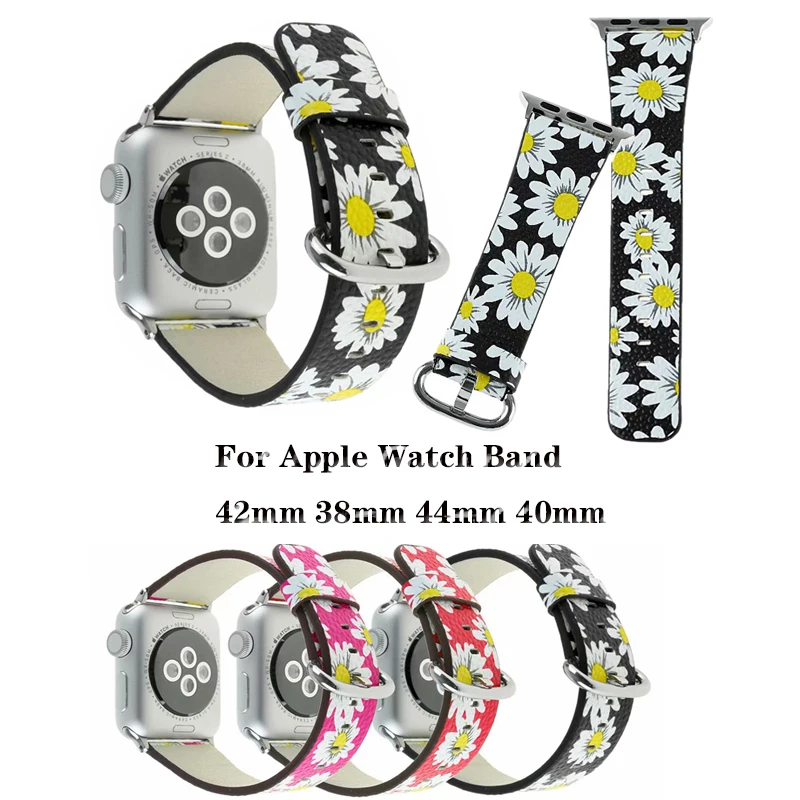 

Printing leather Strap for Apple Watch band 4 44mm 40mm Chrysanthemum Pattern Bracelet Wristband for Iwatch series 3 2 1 42/38mm