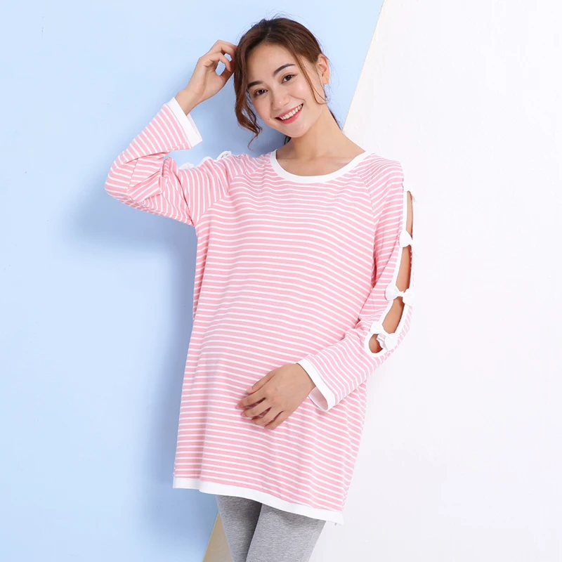 Cotton Long Sleeve Maternity Shirt Nursing Blouse Pregnant Shirts