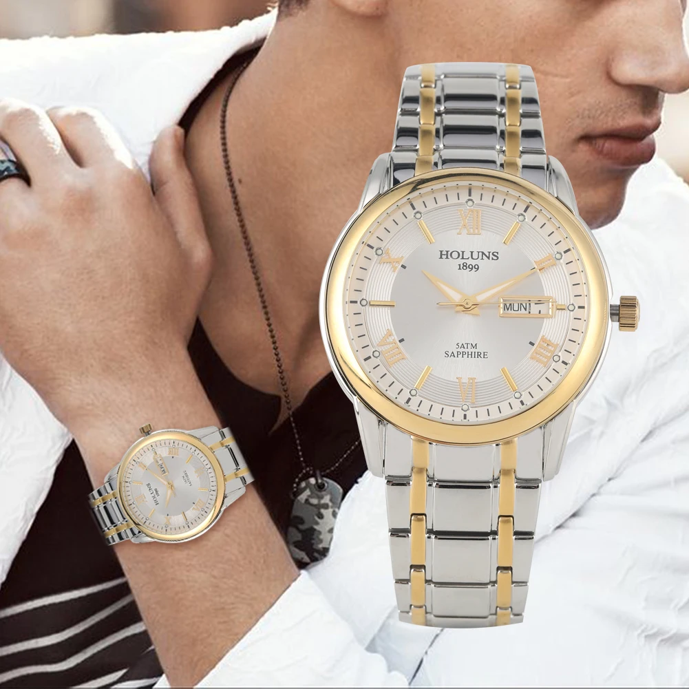 de aço inoxidável numerais romanos ouro dial relógio de pulso