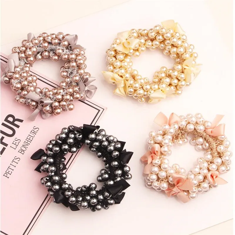Girls Gum for Hair Bowknot Ribbon Beads Pearl Bands Ponytail Rubber Rope Women Elastic Female Accessories |
