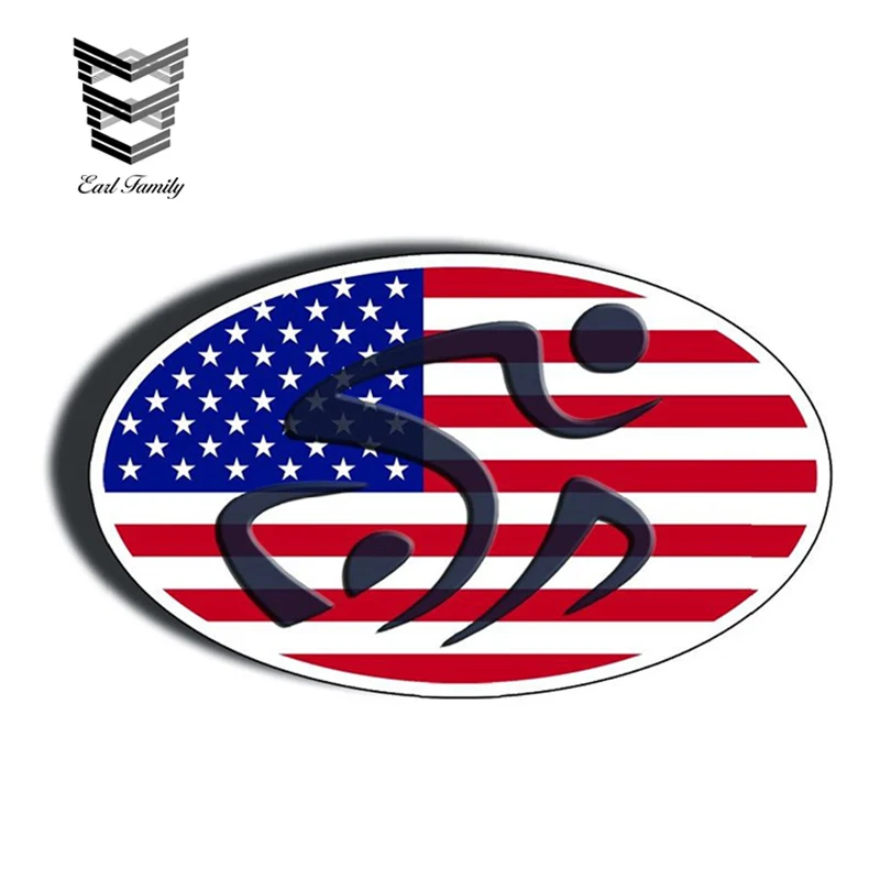 

EARLFAMILY 13cm X 7.8cm Oval Tri Triathlon Sticker USA Flag 70.3 Run Bike Swim Car Truck Window Decal Waterproof Car Stickers