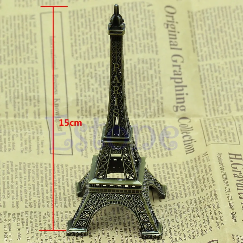 Ornament Crafts Vintage Bronze Tone Paris Eiffel Tower Figurine Statue Alloy Model Decor 15cm