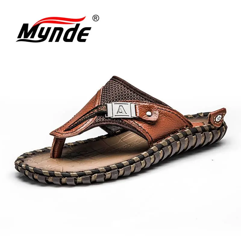 

Mynde Cow Genuine Leather Men Slippers 2018 Summer Beach Shoes Men Flip Flops Flat Heels Men Slides Luxury Men shoes Plus Size