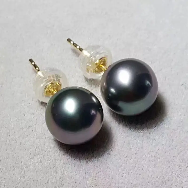 

Charming 8-9mm Perfect Round Tahitian Black Pearl 925silver Gold Earrings Ear Stud