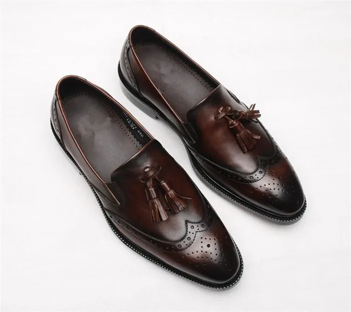 Для мужчин itilian Ретро Баллок резные на не сужающемся книзу массивном каблуке кожаные туфли-оксфорды кожаные туфли с острым носком ручной работы обувь с кисточками туфли