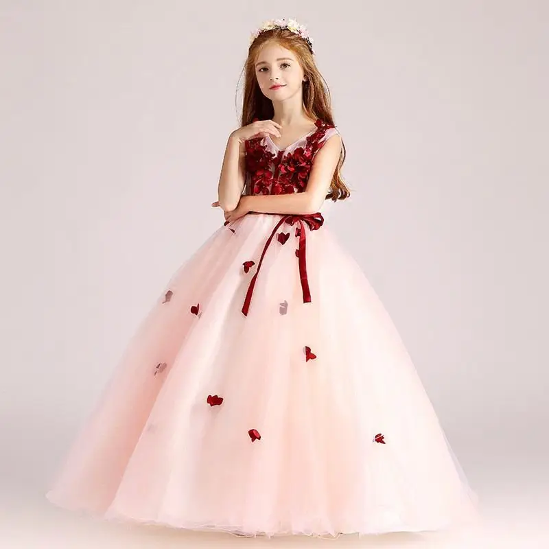 

2019 Kids Girl Tulle Lace Pearl Ball Gowns Baby Girl Princess Wedding Birthday Party Dress Children Elegant Applique Vestido Q34