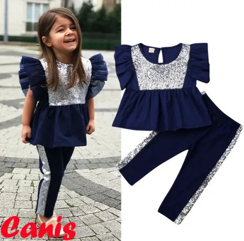 

2019 2Pcs Toddler Kids Baby Girl Flared Sequin Patchwork Top Long Pants Outfits Set Clothes Children Fashion Clothing
