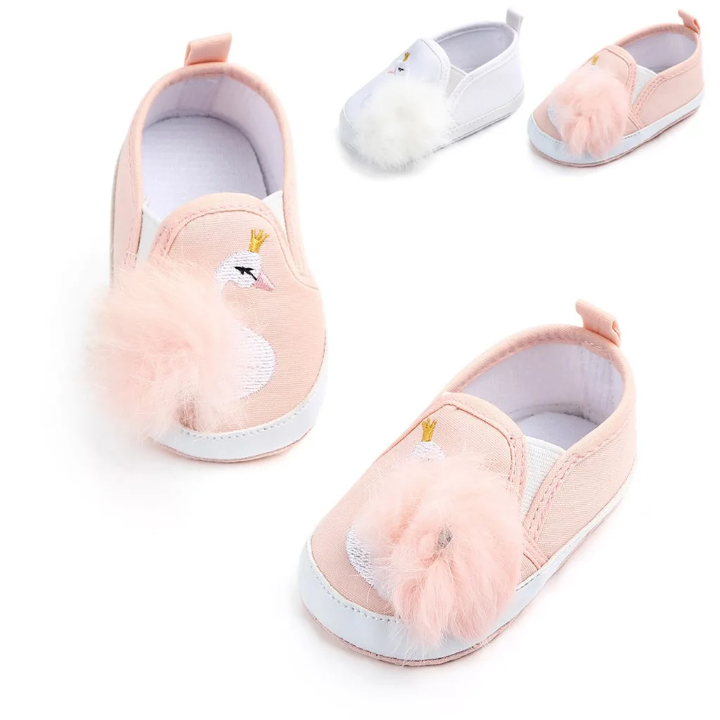 

Toddler Baby Girls Swan Hairball Anti-Slip First Walkers Soft Sole Shoes Baby embroidered Plush toddlers feather shoes HOOLER