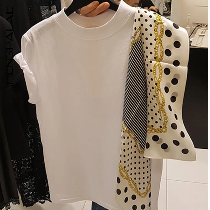 

SHENGPALAE New 2019 Summer Japan Korea Style Patchwork Polka Dot Round-neck Short Sleeve Scarf Loose Women T-shirt Tide FQ945