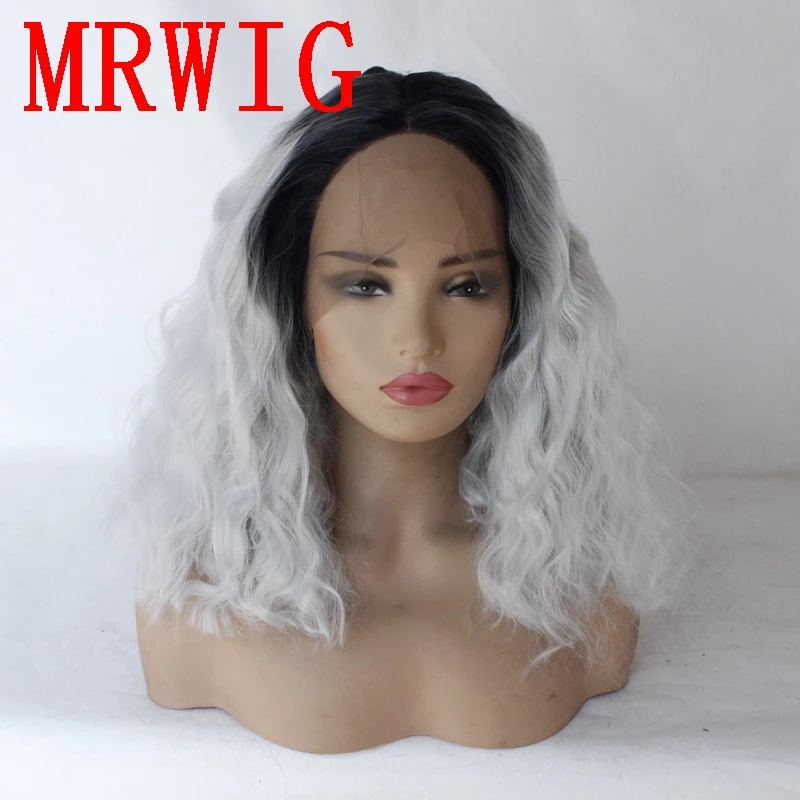 

MRWIG 10in-16in 1b#/Silver Grey Short Bob Curly Synthetic Front Lace Wig Heat Resistant Fiber for Woman