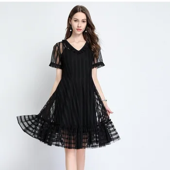 

Summer Ladies Plus Size lace midi Dress Set Elegant ruffled hem pinched waist V neck black party dress vestidos XXXXXL 4xl 5xl