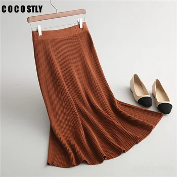 

High Quality Fashion Skirts Womens 2018 Autumn Winter Vintage A Line Striped Slim High Waist Knitted Long Skirt Saias