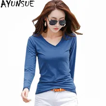 AYUNSUE Новая мода FemaleT-рубашка Женская Осенняя хлопковая однотонная топы с длинными рукавами тонкая повседневная с v-образным вырезом Синяя Женская s футболки WXF576