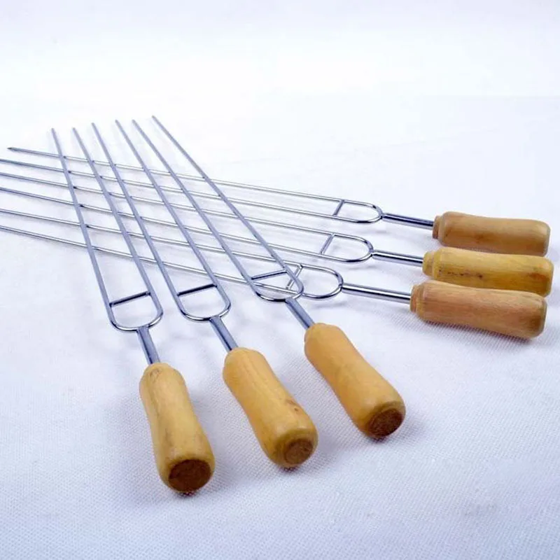 

6 pcs/set Camping BBQ Forks Stainless Steel U-Shape Barbecue Needles with Wooden Handle BBQ Accessories
