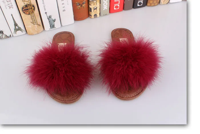 Всесезонные женские домашние тапочки; страусиное меховое покрытие из натуральной кожи; модные мягкие плюшевые туфли с открытым носком высокого качества