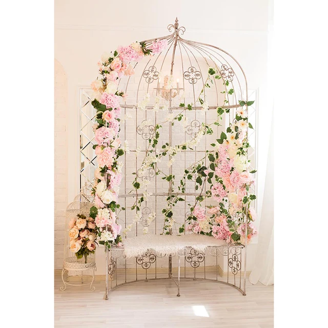 Digital Printed White Pink Flowers Decorated Cage Photography Digital Printed White Pink Flowers Decorated Cage Photography