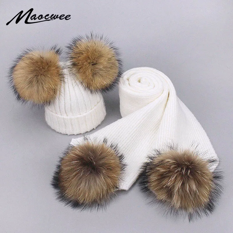 

Parent-Child Caps Girl PomPom Hat&Scarf Set Beanie Warm Knitted Fur Pompom Caps Children Adult Lady Mom Real Raccoon Winter Hat
