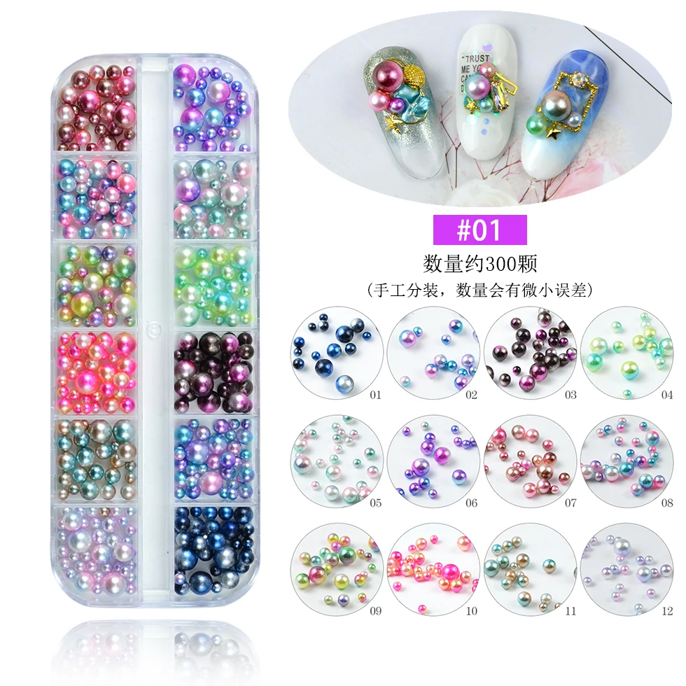 12 Grids Multi Style Glass Nail Rhinestones Mixed Colors AB Crystal Caviar 3D Charm Pearl DIY Alloy Manicure Nail Art Decoration