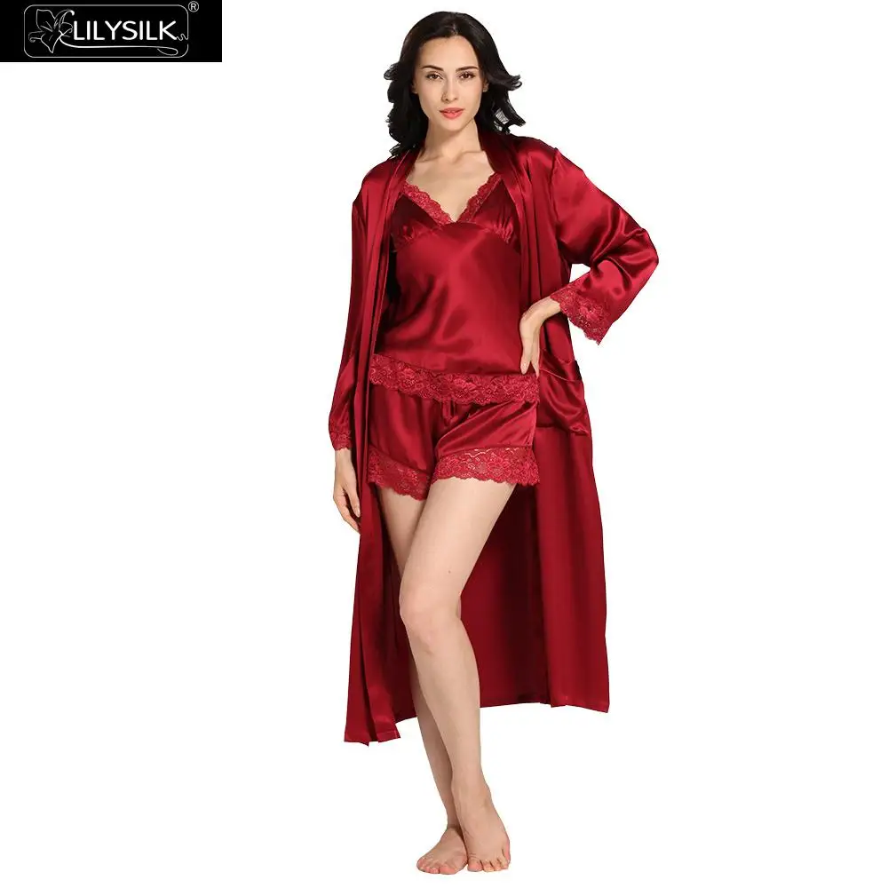 Lilysilk Long Sleepwear 3 Piece Pajama Set Women Mulberry Silk Pure Camisole Wedding Robes 22 MM Sexy Luxury Lingerie Lace