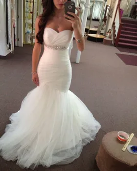 

Ruched Beaded Sweetheart Mermaid Prom Gown Tulle Floor Length Wedding Party Dress
