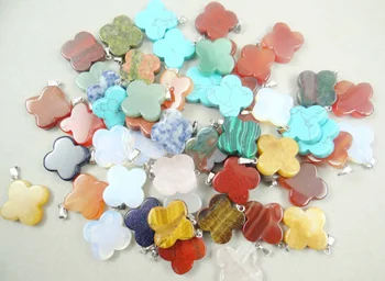 

Natural stone Quartz crystal Turquoises tiger eye Clover Shaped pendant for diy jewelry Making necklace Accessories 24Pcs