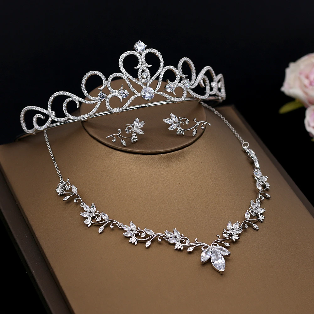 

Micro Paved Zircon Crown Tiara Bridal Wedding Jewelry Sets Marquise-Cut Clear Cubic Zirconia Necklace Earrings Women Bijoux Gift
