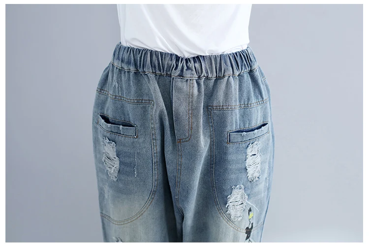 THHONE/джинсы больших размеров, женские штаны-шаровары, повседневные брюки с эластичной резинкой на талии, женские рваные джинсы с вышивкой и потертостями