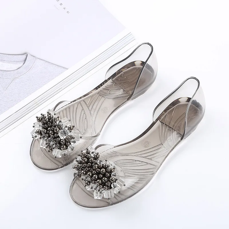 

New Bling Bling Jelly Sandals Women Summer Fashion Peep Toe Flat Shoes Woman String Bead Ladies D'orsay Flats XWT859