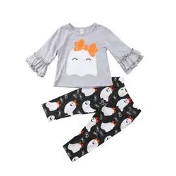 Одежда для маленьких девочек на Хэллоуин, свитер с рукавами-клеш, хлопковая Футболка с героями мультфильмов Топы + длинные штаны, леггинсы